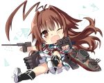  1girl ahoge black_footwear blush brown_eyes brown_hair eyebrows_visible_through_hair fang full_body highres hizuki_yayoi huge_ahoge kantai_collection kuma_(kantai_collection) long_hair machinery one_eye_closed open_mouth pleated_skirt red_ribbon remodel_(kantai_collection) ribbon rigging school_uniform serafuku short_sleeves skin_fang skirt smile solo torpedo torpedo_launcher torpedo_tubes turret white_background white_skirt 