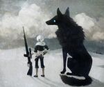 ambiguous_gender animal black_footwear black_pants clouds cloudy_sky dated gu_(goodnight) gun holding holding_gun holding_sword holding_weapon muted_color original oversized_animal oversized_object pants shadow shoes sky solo sword weapon wide_shot wolf 