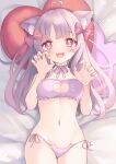  1girl :d ahoge animal_ear_fluff animal_ears bangs bare_arms bare_shoulders bed_sheet blush bow bra breasts breasts_apart cat_cutout cat_ear_panties cat_ears cat_lingerie claw_pose cleavage_cutout clothing_cutout commission ear_piercing eyebrows_visible_through_hair fang frilled_bra frills groin hair_bow hands_up heart heart-shaped_pupils heart_ahoge heart_in_eye heart_pillow lying medium_breasts meme_attire miyanome nail_polish navel on_back open_mouth original panties piercing pillow pink_bra pink_nails pink_panties red_bow red_eyes side-tie_panties skeb_commission smile solo symbol-shaped_pupils symbol_in_eye underwear underwear_only 