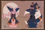  black_bow black_cape black_dress black_eyes black_headwear black_neckwear black_vs_white black_wings blush border bow bowtie brooch brown_background brown_border cape clothed_pokemon colored_sclera commentary commentary_request crescent_moon dress ears_through_headwear english_commentary espeon forehead_jewel frilled_dress frills full_body gen_2_pokemon gradient gradient_background hair_bow hat hat_belt iogi_(iogi_k) jewelry jpeg_artifacts light_blush looking_at_another looking_at_viewer looking_to_the_side mixed-language_commentary moon orange_neckwear partial_commentary pokemon pokemon_(creature) red_sclera short_sleeves single_wing sitting sun umbreon violet_eyes white_wings wings witch_hat 