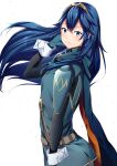  1girl ameno_(a_meno0) blue_eyes blue_hair cape fire_emblem fire_emblem_awakening flat_chest gloves highres light_blush long_hair looking_at_viewer lucina_(fire_emblem) simple_background smile solo symbol-shaped_pupils tiara white_background wind 