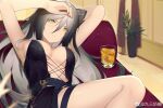  1girl alcohol arknights armpits arms_up bangs black_dress black_hair blurry blurry_background breasts bright_pupils closed_mouth depth_of_field dress eyebrows_visible_through_hair eyes_visible_through_hair gradient_hair grey_hair hair_between_eyes highres indoors jiusan_naitan large_breasts long_hair looking_at_viewer lying multicolored_hair nail_polish plunging_neckline red_nails sample schwarz_(arknights) sidelocks solo weibo_username yellow_eyes 