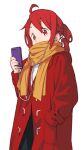  1girl ahoge cable cellphone coat commentary drill_hair earphones hand_in_pocket highres holding holding_phone kasane_teto looking_at_viewer orange_scarf phone red_coat red_eyes redhead scarf scarf_over_mouth short_hair smartphone solo upper_body utau white_background winter_clothes winter_coat yasutange 