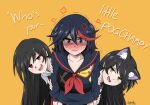  3girls absurdres akame akame_ga_kill! animal_ears black_hair blake_belladonna blush cat_ears crossover embarrassed highres kill_la_kill long_hair matoi_ryuuko meme microskirt midriff multicolored_hair multiple_girls my_little_pogchamp_(meme) pleated_skirt red_eyes redhead reyfearspsychosis rwby short_hair skirt streaked_hair suspenders very_long_hair yellow_eyes 