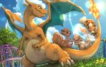  charizard charmander claws closed_mouth clouds commentary_request day fang fang_out fire flame from_below gen_1_pokemon grass growlithe looking_back no_humans outdoors playground pokemon pokemon_(creature) sky tapioka_chaso vulpix 