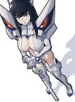  1girl black_hair black_outline blue_eyes breasts closed_mouth gloves hand_on_hilt junketsu katana kill_la_kill kiryuuin_satsuki lol_(harikofu) long_hair navel outline scabbard sheath sheathed simple_background solo sword turtleneck weapon white_background white_gloves white_legwear 