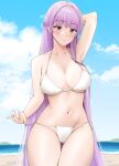  1girl absurdly_long_hair bikini blue_sky braid breasts clouds commentary_request cowboy_shot crown_braid dada_(dadada_20) day fire_emblem fire_emblem:_the_binding_blade highres large_breasts long_hair outdoors purple_hair side-tie_bikini sky solo sophia_(fire_emblem) standing swimsuit thigh_gap very_long_hair violet_eyes white_bikini 