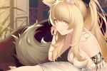  1girl animal_ear_fluff animal_ears arknights armlet bangs barefoot blonde_hair blurry blurry_background breasts bright_pupils closed_mouth couch depth_of_field dress eyebrows_visible_through_hair from_side highres indoors jiusan_naitan looking_at_viewer medium_breasts nearl_(arknights) ponytail sample sideboob sidelocks sitting smile solo strap_gap tail weibo_username white_dress white_pupils yellow_eyes 