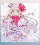  1girl bangs blonde_hair blue_eyes blush bow bowtie capelet closed_mouth dress eyebrows_visible_through_hair falling_petals gradient_border hair_bow hat highres katai_(nekoneko0720) lily_white long_hair looking_down open_hand petals red_bow red_neckwear simple_background smile solo touhou upper_body very_long_hair white_background white_capelet white_dress white_headwear wide_sleeves 