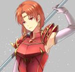  1girl anzk232 armor circlet closed_mouth earrings elbow_gloves fire_emblem fire_emblem:_the_binding_blade fire_emblem_heroes gloves headpiece holding holding_weapon jewelry melady_(fire_emblem) red_armor red_eyes redhead short_hair solo weapon 