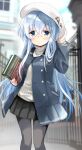  1girl alternate_costume beret black_coat black_legwear black_skirt blue_eyes blush book buttons closed_mouth coat eyebrows_visible_through_hair feet_out_of_frame hair_between_eyes hammer_and_sickle hat hibiki_(kantai_collection) highres hizuki_yayoi holding holding_book kantai_collection long_hair long_sleeves pleated_skirt ribbed_sweater silver_hair skirt solo sweater thigh-highs turtleneck turtleneck_sweater verniy_(kantai_collection) white_headwear 
