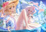  3girls :d ahoge animal_ear_fluff animal_ears arm_up arms_up bare_arms bare_legs bare_shoulders barefoot bikini blonde_hair blue_bikini blurry blurry_background breasts brown_headwear cat_ears cat_girl cat_tail closed_mouth commentary_request day depth_of_field detached_sleeves ears_through_headwear fang green_eyes green_nails hair_ornament hairclip hand_up hat hou_no_ka innertube long_hair looking_at_viewer medium_breasts multiple_girls nail_polish one_side_up open_mouth original outdoors pink_eyes pink_hair profile puffy_short_sleeves puffy_sleeves see-through see-through_sleeves short_sleeves silver_hair small_breasts smile soaking_feet straw_hat sun_hat swimsuit tail very_long_hair water water_drop white_bikini white_headwear 