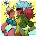  2girls artist_name bodysuit bracelet brown_hair bun_cover chinese_clothes chun-li cropped_jacket double_bun gloves hand_on_another&#039;s_chin hand_on_hip headband highres jewelry marvel marvel_vs._capcom marvel_vs._capcom_2 multicolored_hair multiple_girls philip_bawasanta rogue_(x-men) spiked_bracelet spikes spoken_squiggle squiggle street_fighter two-tone_hair x-men yuri 