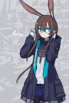  1girl absurdres adjusting_eyewear amiya_(arknights) animal_ears arknights bangs black_jacket black_legwear blue_eyes blue_neckwear blue_skirt brown_hair character_name clothes_writing commentary cowboy_shot expressionless glasses grey_background hair_between_eyes highres jacket long_hair long_sleeves looking_at_viewer miniskirt open_clothes open_jacket pantyhose papaia_(quentingqoo) rabbit_ears shirt sideways_glance skirt solo white_shirt 