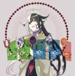  1boy ashiya_douman_(fate) asymmetrical_clothes asymmetrical_hair bell black_eyes black_hair curly_hair earrings fate/grand_order fate_(series) fingernails gameplay_mechanics green_eyeshadow green_kimono green_lipstick green_nails hair_bell hair_between_eyes hair_intakes hair_ornament hinoya holy_grail_(fate) japanese_clothes jewelry kimono lipstick long_hair magatama magatama_earrings makeup male_focus multicolored_hair open_clothes open_kimono ribbed_sleeves sharp_fingernails solo star_(symbol) toned toned_male two-tone_hair very_long_fingernails very_long_hair white_hair 