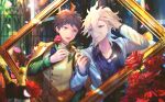  absurdres bangs beige_jacket blue_neckwear blue_shirt blurry blurry_background bottle collared_shirt dangan_ronpa_(series) dangan_ronpa_2:_goodbye_despair dress_shirt flower green_shirt hair_between_eyes hand_in_hair highres hinata_hajime holding huge_filesize indoors jacket komaeda_nagito long_hair long_sleeves looking_at_another male_focus medium_hair multiple_boys official_alternate_costume open_mouth petals red_flower red_rose rose saionji_hiyoko shirt short_hair smile tanaka_gandamu tsumiki_mikan upper_body vest white_jacket zhuo_ying 