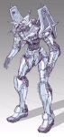  gradient gradient_background gundam highres horns looking_down maeda_hiroyuki mecha mobile_suit_gundam neon_genesis_evangelion no_humans open_hands parody redesign rx-78-2 science_fiction sketch solo style_parody white_eyes 