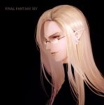 black_background blonde_hair character_name copyright_name earrings final_fantasy final_fantasy_xiv glasses highres jewelry jrobinkim noah_xellos pointy_ears simple_background turtleneck upper_body violet_eyes 