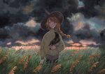  1girl bird black_eyes black_headwear braid braided_ponytail brown_sweater clouds cloudy_sky crow expressionless feet_out_of_frame grass hat heikala highres long_hair long_sleeves looking_at_viewer original sky solo sweater traditional_media witch_hat 