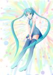  1girl aqua_dress aqua_eyes aqua_hair aqua_legwear aqua_nails bare_shoulders between_legs blue_dress blue_legwear boots bracelet commentary dress full_body gradient gradient_dress gradient_legwear hair_ornament hand_between_legs hatsune_miku highres jewelry long_hair looking_at_viewer multicolored multicolored_background nail_polish shirt shoulder_tattoo sky_print sleeveless sleeveless_shirt solo tattoo teyo thigh-highs thigh_boots twintails very_long_hair vocaloid zettai_ryouiki 