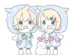  1boy 1girl aqua_eyes blonde_hair blush_stickers boots chibi coat commentary green_mittens hair_ornament hairclip hooded_coat kagamine_len kagamine_rin mittens najo red_mittens scarf snow_bunny snowflake_hair_ornament snowflake_print snowflakes snowing snowman vocaloid white_background white_scarf winter 