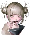  1girl bangs blonde_hair blunt_bangs boku_no_hero_academia cardigan double_bun fangs finger_in_mouth highres messy_hair open_mouth sailor_collar sidelocks simple_background sleeveless toga_himiko tongue uomi_(eqtjc) white_background yellow_eyes 