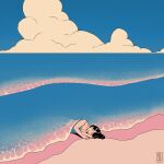  1girl aqua_camisole artist_name beach black_hair blue_sky closed_eyes clouds cloudy_sky highres long_hair lying on_side original outdoors sky sleeping smile solo surreal veebiejeebies 