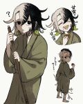  1boy ? ashiya_douman_(fate) asymmetrical_hair bite_mark black_eyes black_hair child collage cookie curly_hair earrings eating fate/grand_order fate_(series) fingernails food green_kimono green_nails hair_between_eyes highres japanese_clothes jewelry kimono long_hair magatama magatama_earrings male_focus multicolored_hair o-djiko pout sharp_fingernails solo_focus translation_request two-tone_hair very_long_fingernails very_long_hair white_hair younger 