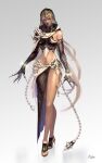  1girl absurdres armlet black_gloves breasts brown_eyes claw_(weapon) elbow_gloves full_body gloves high_heels highres jrobinkim long_hair looking_at_viewer midriff o-ring original red_lips see-through silver_hair simple_background small_breasts solo standing tan veil weapon 