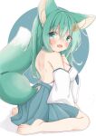  1girl animal_ear_fluff animal_ears bangs barefoot blue_skirt blush breasts clothing_cutout commentary_request day detached_sleeves eyebrows_visible_through_hair fox_ears fox_girl fox_tail full_body green_eyes green_hair hair_between_eyes hair_ornament hand_up highres indie_virtual_youtuber japanese_clothes kimono long_sleeves medium_breasts minato_yu_(0514) mitomori_tsubaki open_mouth pleated_skirt shadow sitting skirt solo sweat tail tail_cutout tail_raised virtual_youtuber wariza white_kimono white_sleeves wide_sleeves 