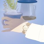  blue_background cup hands_up highres holding holding_cup leaf long_sleeves mu_mashu nordgreen original plant simple_background steam watch watch 