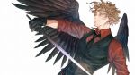  1boy artist_name bangs black_gloves black_neckwear black_wings blonde_hair boku_no_hero_academia collared_shirt dutch_angle earrings facial_hair feathered_wings feathers gloves hawks_(boku_no_hero_academia) holding jewelry kadeart long_sleeves male_focus necktie red_wings shirt short_hair simple_background solo upper_body vest weapon wings 