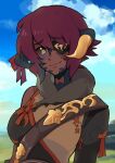  1girl au_ra azuumori bangs black_sclera blue_sky breasts clouds cloudy_sky colored_sclera commission dark_skin dark-skinned_female eyebrows_visible_through_hair eyepatch final_fantasy final_fantasy_xiv highres horns looking_at_viewer medium_breasts orange_eyes outdoors redhead short_hair sky smile solo upper_body 