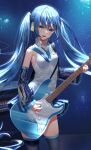  1girl absurdly_long_hair absurdres amplifier_(instrument) aqua_nails bare_shoulders black_legwear black_skirt black_sleeves blue_hair blue_neckwear commentary cowboy_shot detached_sleeves electric_guitar english_commentary guitar hatsune_miku headphones headset highres holding holding_instrument holding_plectrum instrument long_hair looking_at_viewer miniskirt music nail_polish necktie oohhya open_mouth playing_instrument pleated_skirt shirt skirt sleeveless sleeveless_shirt smile solo standing thigh-highs twintails very_long_hair vocaloid white_shirt zettai_ryouiki 