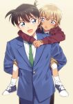  2boys :d :o amuro_tooru arms_around_neck bandaid bandaid_on_hand bandaid_on_knee bangs blazer blonde_hair blue_eyes blue_jacket blue_pants brown_hair brown_shorts carrying child collared_shirt commentary_request green_neckwear hair_between_eyes jacket k_gear_labo kudou_shin&#039;ichi long_sleeves looking_at_another male_focus meitantei_conan multiple_boys necktie open_mouth pants piggyback red_jacket school_uniform shirt shoes short_hair shorts simple_background smile sneakers socks standing teitan_high_school_uniform time_paradox white_legwear white_shirt younger 