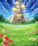 aquastyle architecture blue_sky building clouds day fantasy forest fushigi_no_gensokyo grass landscape leaf nature no_humans official_art outdoors plant scenery shiki_makoto sky touhou tower tree water 