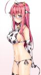  1girl ahoge animal_ears animal_print arm_behind_back bangs bell bikini blush breasts closed_mouth commentary_request cow_ears cow_horns cow_print cow_tail cowbell elbow_gloves eyebrows_visible_through_hair fake_animal_ears fake_horns from_side gloves hair_between_eyes hairband hand_on_own_chest highres horns kotatsu_(kotatsu358) large_breasts long_hair neet_de_otaku_na_kunoichi_to_naze_ka_dousei_hajimemashita pink_hair print_bikini print_gloves shizuri_(neet_de_otaku_na_kunoichi_to_naze_ka_dousei_hajimemashita) side-tie_bikini side-tie_bottom simple_background solo standing straight_hair sweat swimsuit tail violet_eyes white_background 