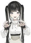  1girl black_hair black_nails blue_eyes blush earrings es-ther eyebrows_visible_through_hair fingernails frills highres jewelry long_hair open_mouth original rene_(es-ther) simple_background solo teeth twintails upper_teeth white_background 