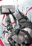  1girl arknights arm_up commentary_request gloves grey_background grey_gloves grey_jumpsuit hammer hand_up helm helmet highres holding horns jumpsuit karaage-senpai mudrock_(arknights) sledgehammer solo upper_body white_hair 