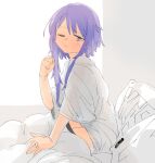  1girl alternate_costume artist_name bed blue_eyes commentary_request ergot kantai_collection looking_at_viewer messy_hair one_eye_closed purple_hair shirt short_hair short_hair_with_long_locks sitting solo t-shirt white_shirt window yayoi_(kantai_collection) yes-no_pillow 