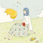  1girl awai880 balloon barefoot blue_hair blue_sky blush clouds cloudy_sky food fruit grass long_skirt long_sleeves medium_hair orange original outdoors print_skirt sandals sandals_removed shirt signature sitting skirt sky smile solo surreal white_shirt wide_shot 