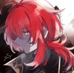  1boy antenna_hair bangs black_jacket closed_mouth diluc_(genshin_impact) eyebrows_visible_through_hair genshin_impact hair_between_eyes highres jacket long_hair male_focus ponytail profile red_eyes redhead signature simple_background solo upper_body zoo_min 