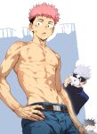  3boys abs absurdres bangs beitemian belt black_hair brown_eyes bulge denim facial_mark fushiguro_megumi gojou_satoru highres itadori_yuuji jeans jujutsu_kaisen looking_at_viewer male_focus multiple_boys navel nipples pants pectorals pink_hair shirtless short_hair spiky_hair toned toned_male undercut 