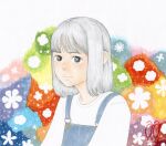  1girl awai880 blue_overalls commentary_request grey_eyes grey_hair looking_at_viewer medium_hair original overalls shirt signature solo upper_body white_shirt 