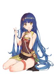  1girl absurdres alternate_hairstyle bandaid bandaid_on_knee bangs bare_shoulders blue_hair blunt_bangs blush breasts china_dress chinese_clothes dress eyebrows_visible_through_hair full_body genshin_impact guoba_(genshin_impact) hair_down hair_ornament hairclip highres hime_cut long_hair looking_at_viewer open_mouth panda seiza short_eyebrows simple_background sitting small_breasts smile solo thigh_strap user_trzp2584 very_long_hair white_background xiangling_(genshin_impact) yellow_eyes 