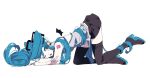  1girl ;o absurdly_long_hair arm_support black_footwear black_skirt black_wings blue_eyes blue_hair boots breasts collared_shirt crossed_arms curly_hair eiku expressionless eyes_visible_through_hair facing_viewer from_side full_body grey_shirt hatsune_miku head_rest highres long_hair looking_away lying miniskirt number_tattoo one_eye_closed open_mouth pale_skin platform_footwear pleated_skirt shiny shiny_hair shirt shoulder_tattoo sideboob simple_background skirt sleeveless sleeveless_shirt small_breasts solo tattoo thigh-highs thigh_boots top-down_bottom-up twintails very_long_hair vocaloid white_background wings zettai_ryouiki 