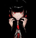  1girl angry bangs black_background black_hair blunt_bangs closed_mouth commentary_request dangan_ronpa_(series) dangan_ronpa_v3:_killing_harmony hair_ornament hair_scrunchie hairclip harukawa_maki holding holding_hair limited_palette long_sleeves looking_at_viewer qosic red_eyes red_scrunchie red_shirt scrunchie shiny shiny_hair shirt simple_background solo 