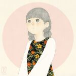  1girl awai880 bangs blunt_bangs braid circle earrings floral_print flower grey_eyes grey_hair jewelry leaf long_sleeves orange_flower original red_flower shirt signature solo twin_braids upper_body white_shirt yellow_flower 