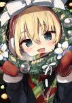  1girl bangs black_coat blonde_hair blue_eyes blush bob_cut bow breath christmas christmas_ornaments coat commentary earmuffs eyebrows_visible_through_hair fang flower fur-trimmed_sleeves fur_trim gingerbullet girls_und_panzer green_scarf highres holding holding_wreath katyusha_(girls_und_panzer) long_sleeves looking_at_viewer multicolored multicolored_clothes multicolored_scarf open_mouth red_mittens red_scarf scarf short_hair smile solo upper_body white_bow white_flower wreath 