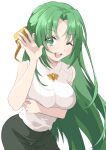  1girl ;d absurdres arm_under_breasts bangs bare_shoulders black_skirt blush breasts commentary eyebrows_visible_through_hair green_eyes green_hair hair_ribbon hand_up highres higurashi_no_naku_koro_ni hitokuchi_(gg_chestnut) large_breasts long_hair looking_at_viewer one_eye_closed open_mouth parted_bangs pencil_skirt ribbed_sweater ribbon simple_background skirt sleeveless_sweater smile solo sonozaki_shion standing sweater upper_teeth very_long_hair waving white_background white_sweater yellow_ribbon 